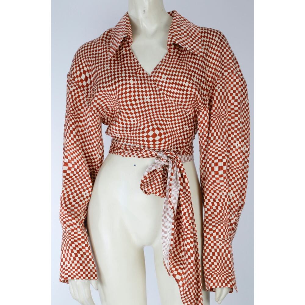 Ronny Kobo Wrap Crop Blouse Brick Orange White Diamond Geo Print Long Sleeve S
